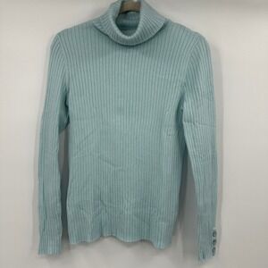 J McLaughlin Light Blue Ribbed Turtleneck Sweater with Button Cuffs Size Large